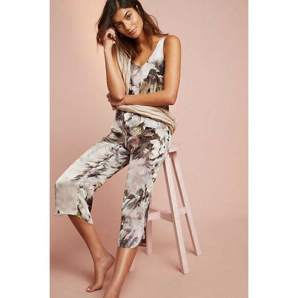 NEW ANTHROPOLOGIE SAMANTHA CHANG BRUSHSTROKE SILK SLEEP PANTS - Picture 1 of 5